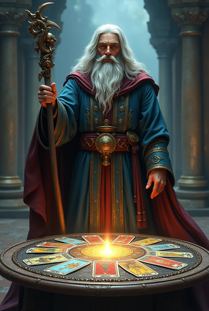 A wizard with a staff standing in front of a round table with an open tarot deck on top of it