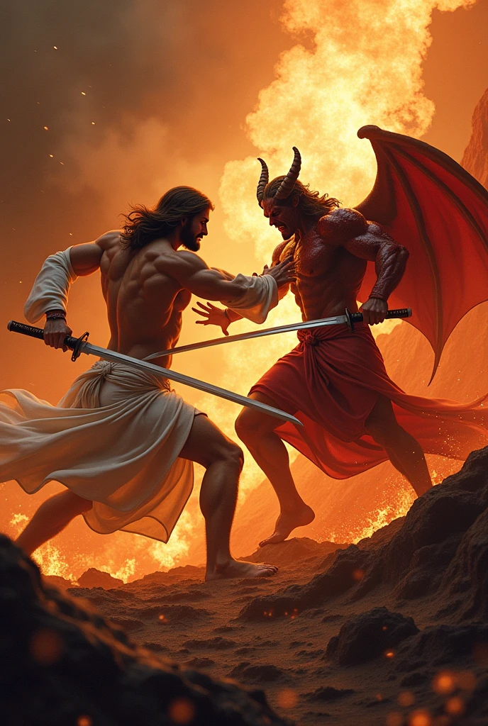 Muscular Jesus fighting the devil in hell with katanas
