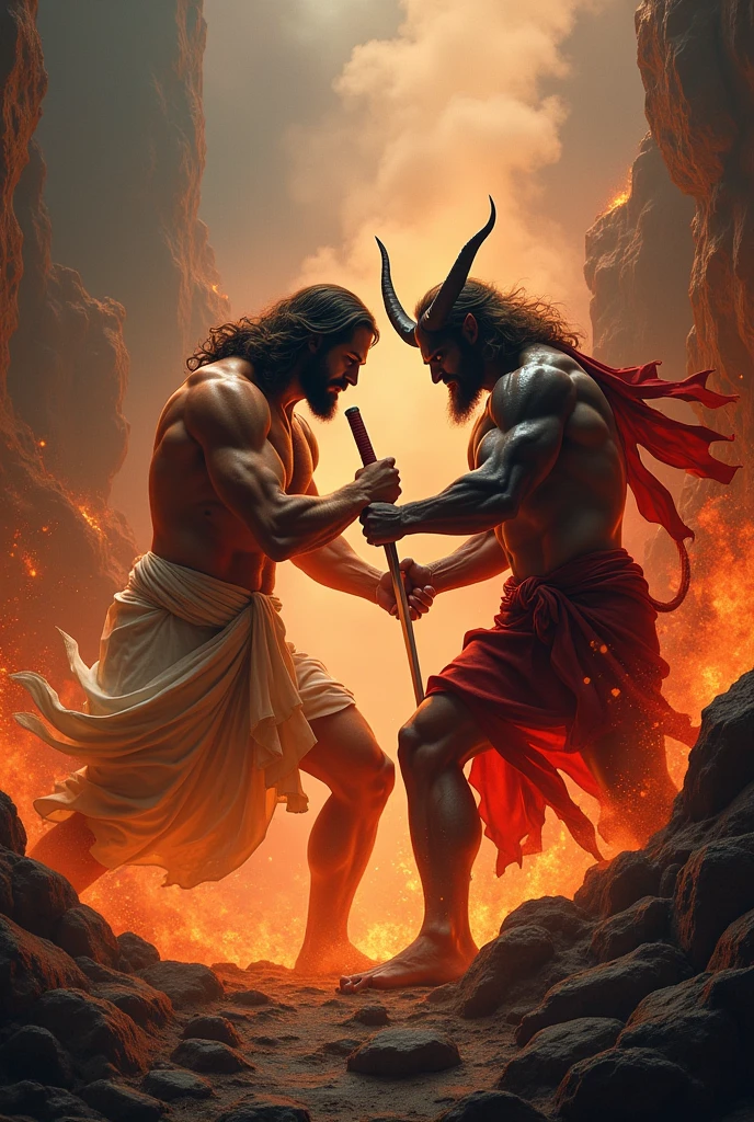 Muscular Jesus fighting the devil in hell with katanas