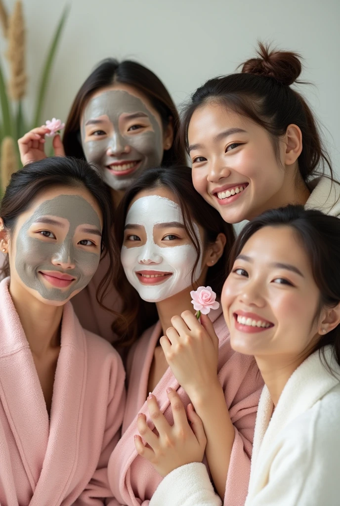 Four Real female asian models creative and aesthetic and playful shoot with applied different face masks like rose,charcoal,coffee,rice in bathrobes
