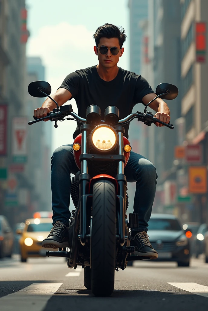 a thin man in a cap. He has black, slickedback hair., he wears a black t-shirt and blue jeans and sneakers. She rides a motorcycle on the street