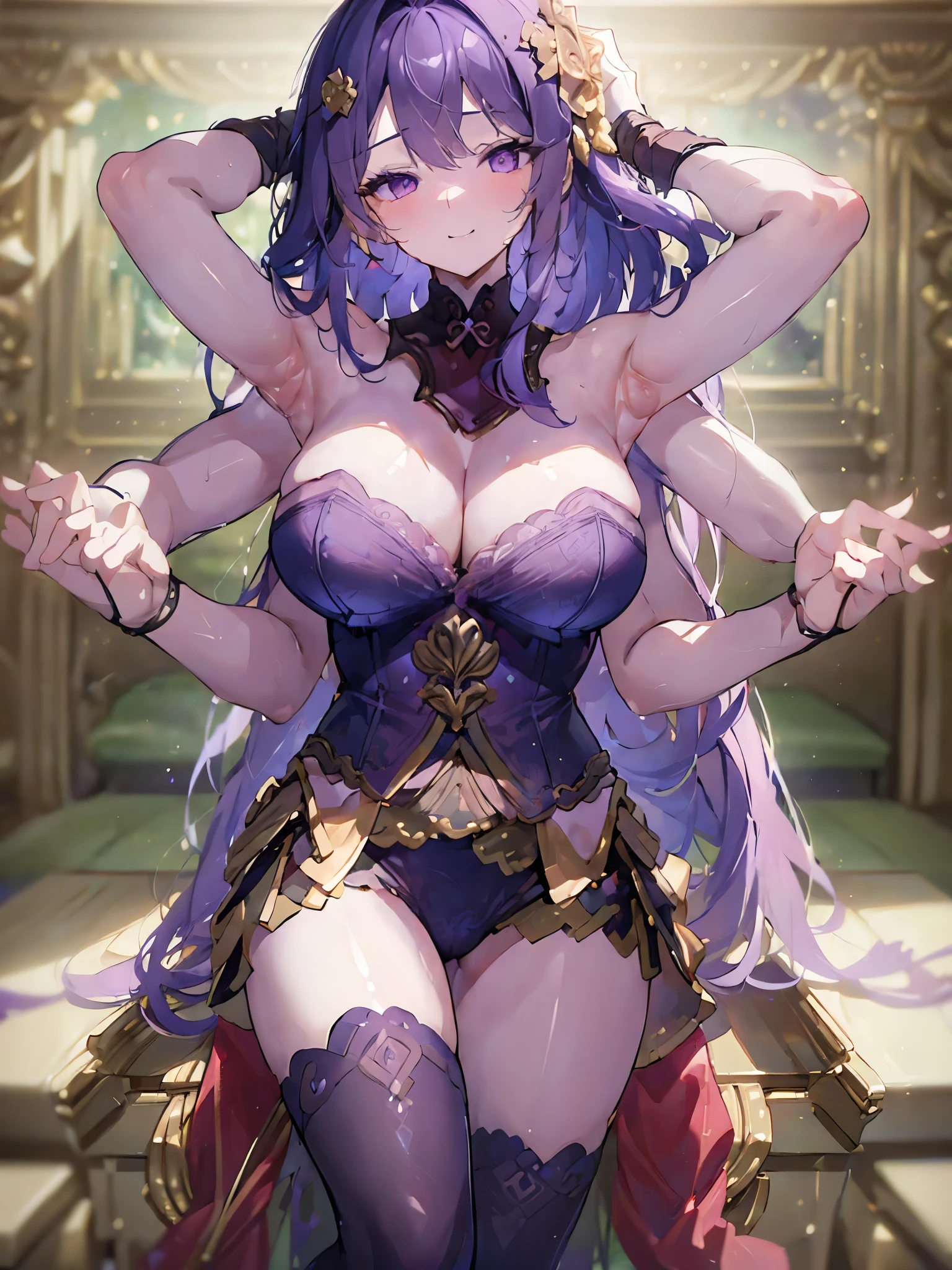 (Masterpiece, best quality), best resolution, (3 heads:1.5), 1 woman, purple hair, wink, conjunctivitis, เClose one eye, Close one eye, be happy, charming, smile, underwear, sexy pose, Casual poses, Natural posture, hotel bedroom,DSLR Photos, (8ก, 4K, Masterpiece),(Masterpiece, best quality), best resolution, (3 heads:1.5),Arms separated,arm circle, (Put your hands on your head....), (lower hand on ankle), (lower hand on leg), Full content in the frame, full body view, (four arms),(Multi-arm),(many hands), รูปร่างเพรียวบาง Masterpiece,best quality,best resolution,1 woman,many heads, upper body, รอยsmile, Facing the audience,big breasts,simple background,Beautiful face,Beautiful hair,beautiful eyes,beautiful body,Beautiful hands,conjoined twins