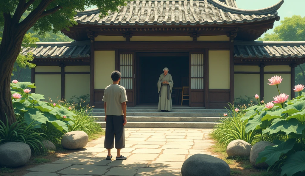 This passage beautifully captures a moment of vulnerability and the search for peace. Here's an image prompt that reflects this scene:
**Image Prompt:**
"Hiro, a young man with a troubled expression, stands at the entrance of a Zen temple. A gentle breeze rustles the leaves and carries the sweet scent of blooming lotus flowers from a nearby pond. Master Koji, an elderly man with a calm and serene demeanor, is tending to a small garden within the temple grounds. The garden is filled with carefully arranged rocks, blooming flowers, and a small pond. The scene is bathed in soft, warm light, creating an atmosphere of tranquility. Hiro approaches the master, his face showing signs of desperation and confusion, while Master Koji, though aged, moves gracefully, embodying peace and wisdom."
