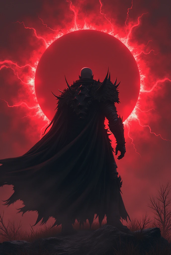 Guts in his Berserk Armor with his back to the eclipse
