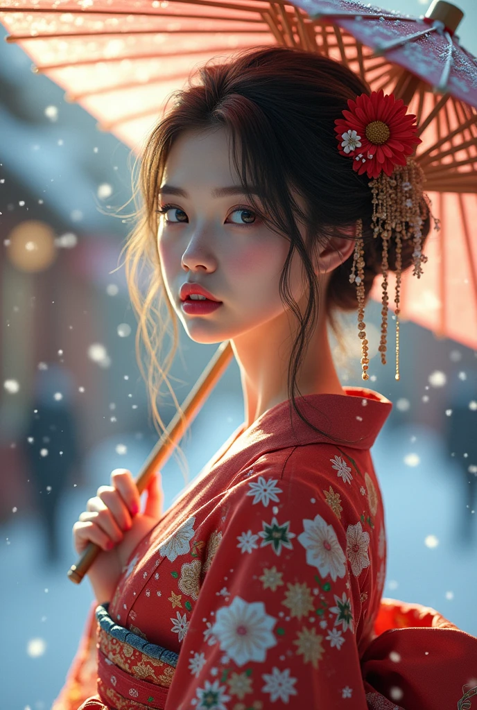 (masterpiece,Highest quality:1.4),(8k,RAW Photos,Photorealistic:1.4),Ultra-high resolution, ,(Glowing Skin:1.4),Detailed肌,Detailed顔,Detailed目,(Beautiful and shining eyes:1.2),Symmetrical eyes,Detailed耳,One person,Natural Makeup,(((Idol))),,Detailed背景,Vivid background,Beautiful and shiny hair,,((Average teenage breasts)),,(Detailed: Sexy Japanese kimono with snowflake pattern,,Snow falling background,Holding an umbrella,mysterious,whole body),,((Sharp Face)),Natural light,,(Very detailed ,,online shopping,LUMINE® Market,),real,,Professional,(Detailed,Location was great.),