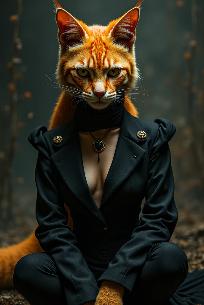 Woman with black clothes and furry cat features with orange fur