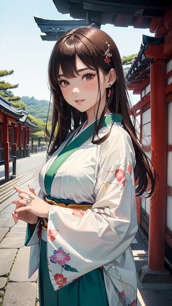 ((1girl, female, European woman, pale skin, brown hair, long hair, makeup, pierced ears, jewelry, green kimono, kimon:1.2)),(masterpiece), (((highest quality))), ((Super detailed)), ((Ultra-fine illustrations)), ((Ultra-fine painting)), (16K Highest quality wallpaper:1.4), (Upper Body:1.6), High resolution, (Highly detailed and subtle illustration style:1.8), Detailed skin texture, Detailed cloth texture, green kimono, Very detailed explanation, (Tmasterpiece), (Highly detailed face:1.2), (Very detailed beautiful eyes:1.2), original, RAW Photos, Professional, Intricate details, Super Detail, Direct sunlight:1.6, (Perfect Anatomy:1.4), (Extremely elaborate hands:1.2), (Highly detailed fingers:1.2), (Very dexterous fingers:1.2), (2), Genuine, (alone:1.6), (A traditional Japanese sacred shrine maiden:1.4)), (long flowing green kimono), (Beautiful and well-shaped medium :1.2), (Beautiful and shapely butt), ar brown eyes that shine beautifully in every detail:1.6), (Very delicate and detailed brown eyes:1.2), (Highly detailed face:1.4), (smile:1.3), (blush:1.2), (facing viewer, looking forward,) break, (Japan shrine, Colorful and divine々Beautiful traditional shrine maiden costume:1.4), (Traditional Japanese clothing:1.2) break (Highly detailed and beautiful Ise Shrine in Mie Prefecture just after noon in spring in the background:1.6), Ise Shrine:1.2, Torii gate of Ise Shrine:1.2,  The precincts of Ise Shrine:1.2, Very beautiful against the clear sky after noon.:1.2 brake 
