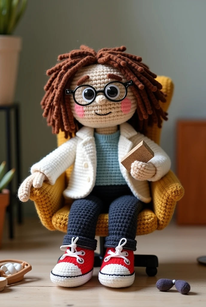 Create a psychologist in amigurumi, white ,BROWN HAIR, camisa white se croche, dark jeans, red al star tennis shoes, sitting in a comfortable chair in the office, with block in hand, with glasses.