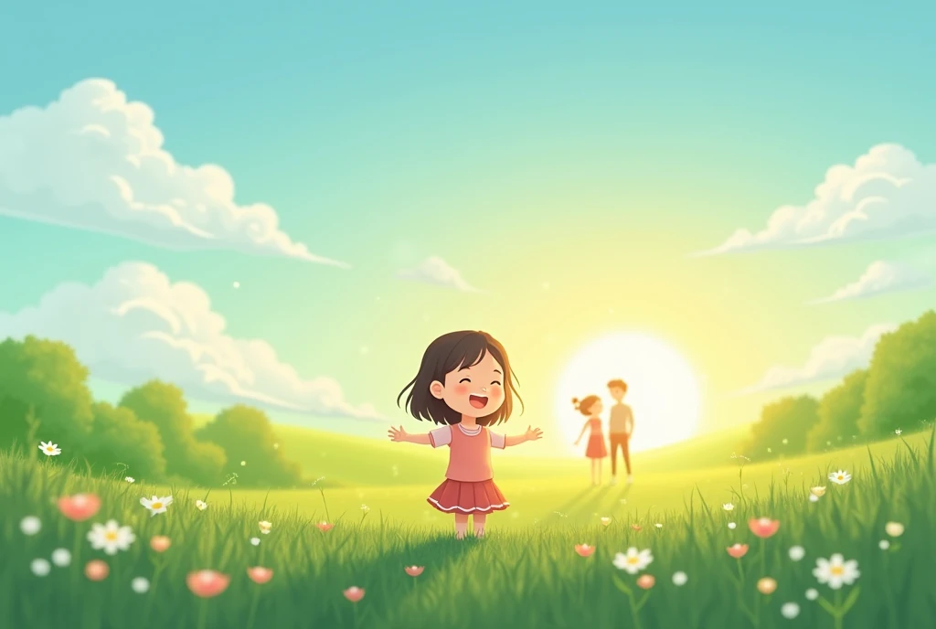 a girl standing on a green meadow, the rising sun behind, parents standing at a distance and smiling, clear blue sky, cartoon, cute cartoon, cute cartoon style, motherly love, cute illustration, clean anime art, simple background