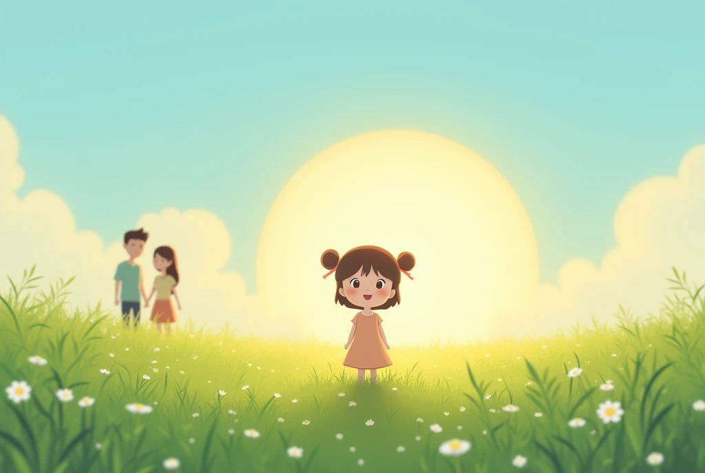 a girl standing on a green meadow, the rising sun behind, parents standing at a distance and smiling, clear blue sky, cartoon, cute cartoon, cute cartoon style, motherly love, cute illustration, clean anime art, simple background