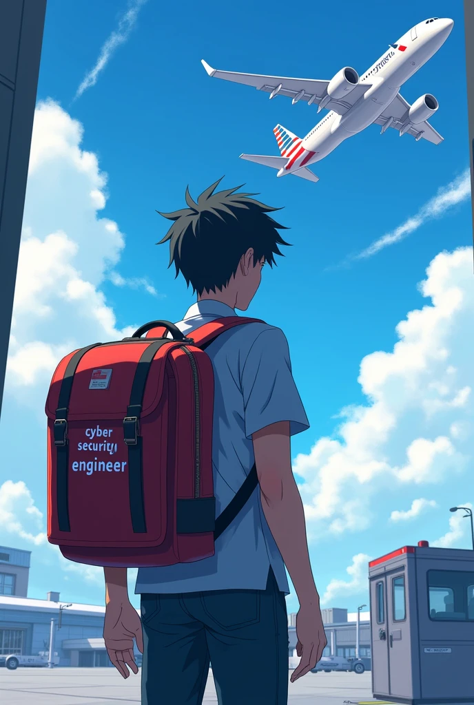 Cyber security engineering student is in airport watching plane flying with his bag
In his full school bag it's written Cyber security engineer
Matched with his dress colour
Anime character
Good hairstyle
In plane it's written American airlines
