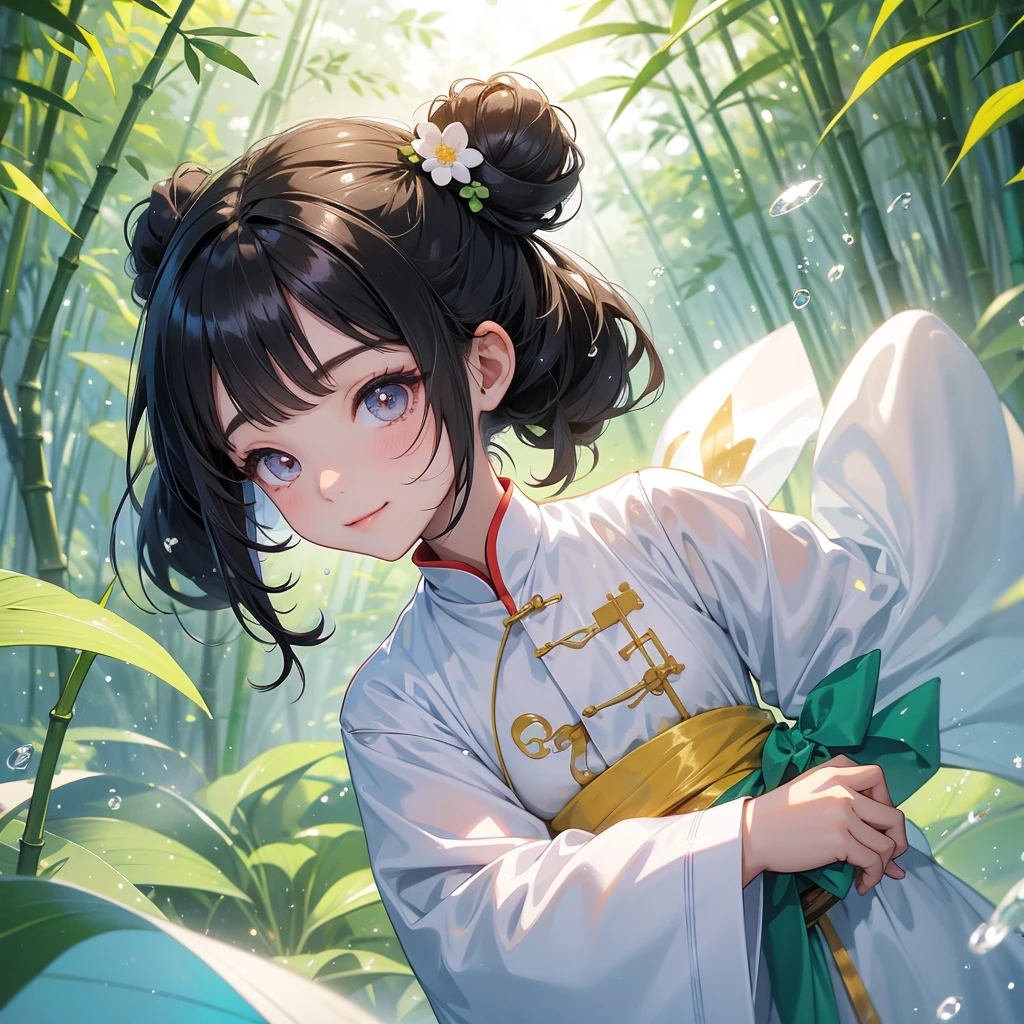 A chibi child girl had a small face and Wearing white little Taoist priest's outfit. A pair of big round eyes shone with curiosity about him. This child was so cute,her hair is black with two buns on her hair.small chibi, chibi baby, smiling ,Chibi.
The back is a lush green bamboo forest. The air after rain has water droplets splashing around.
