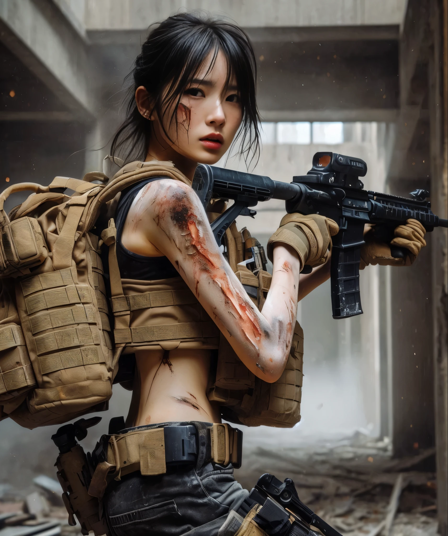 (best quality,8k,realistic photo:1.2),realistic skin texture,Japanese woman living in America,beautiful,walking in shooting position on the street,dirty shirt,jeans,sneakers,bulletproof vest,automatic rifle,short haircut,urban warfare,caught in an incident,starting counterattack,dirty,moving action pose,dramatic and bold composition,upper body,muscular,Zoom out