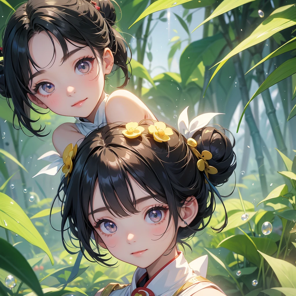 A chibi child girl had a small face and Wearing white little Taoist priest's outfit. A pair of big round eyes shone with curiosity about him. This child was so cute,her hair is black with two buns on her hair.small chibi, chibi baby, smiling ,Chibi.

The back is a lush green bamboo forest. The air after rain has water droplets splashing around.
