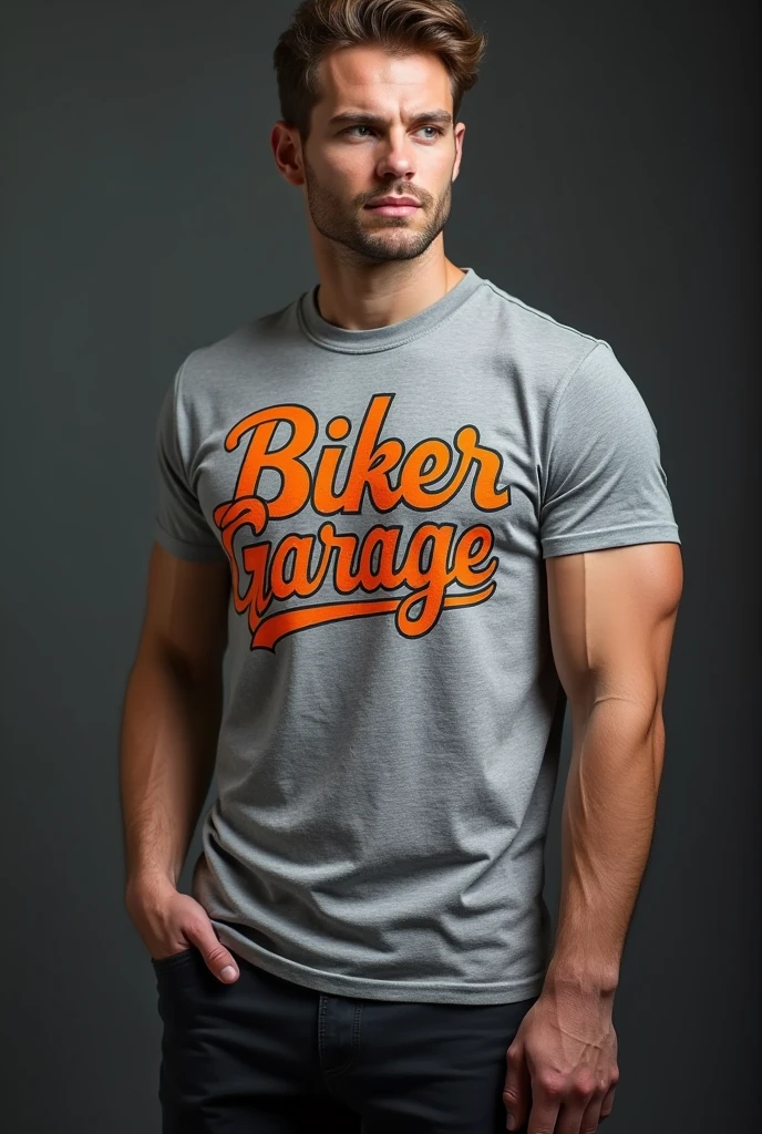 GREY T-shirt with print "BIKER GARAGE "
 striking orange color (chiller font)
