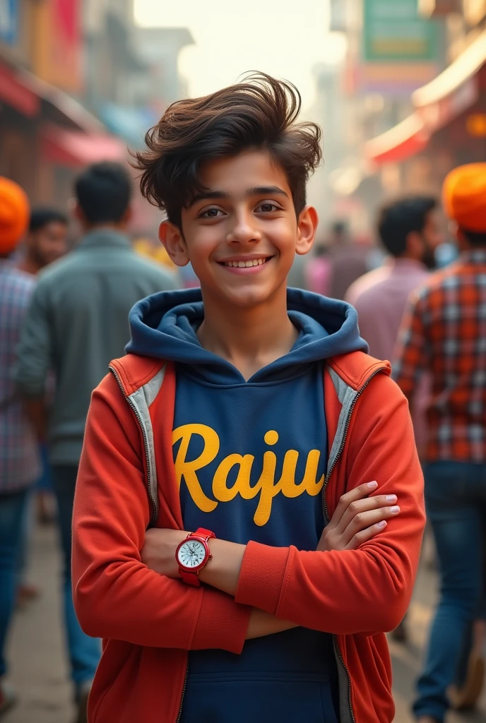 A Punjabi boy wear hoodie written on bold name "RAJU" attractive smile reality in image,red watch , with stand Punjabi singer Sidhu moose wala, smile , very crowded area of Punjab ,