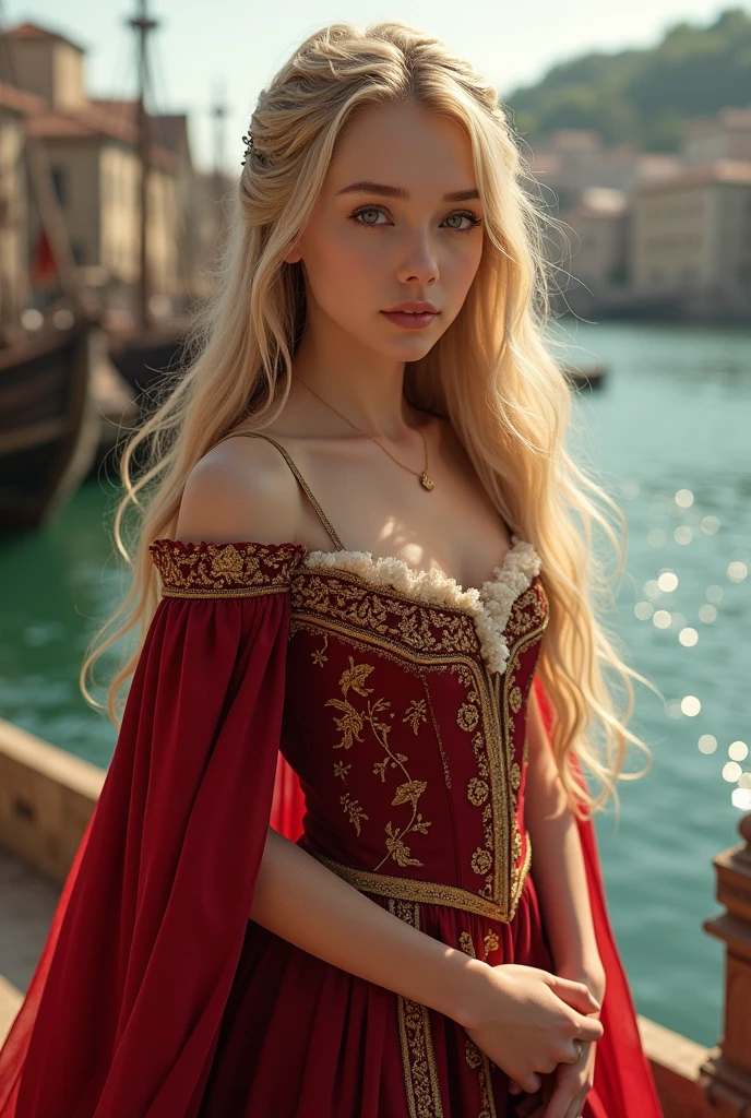 make a  girl, she has long blonde hair, green eyes, very pretty, she is wearing a long red dress with golden details from the medieval era.
It is in a medieval setting and in the background there is a maritime place 