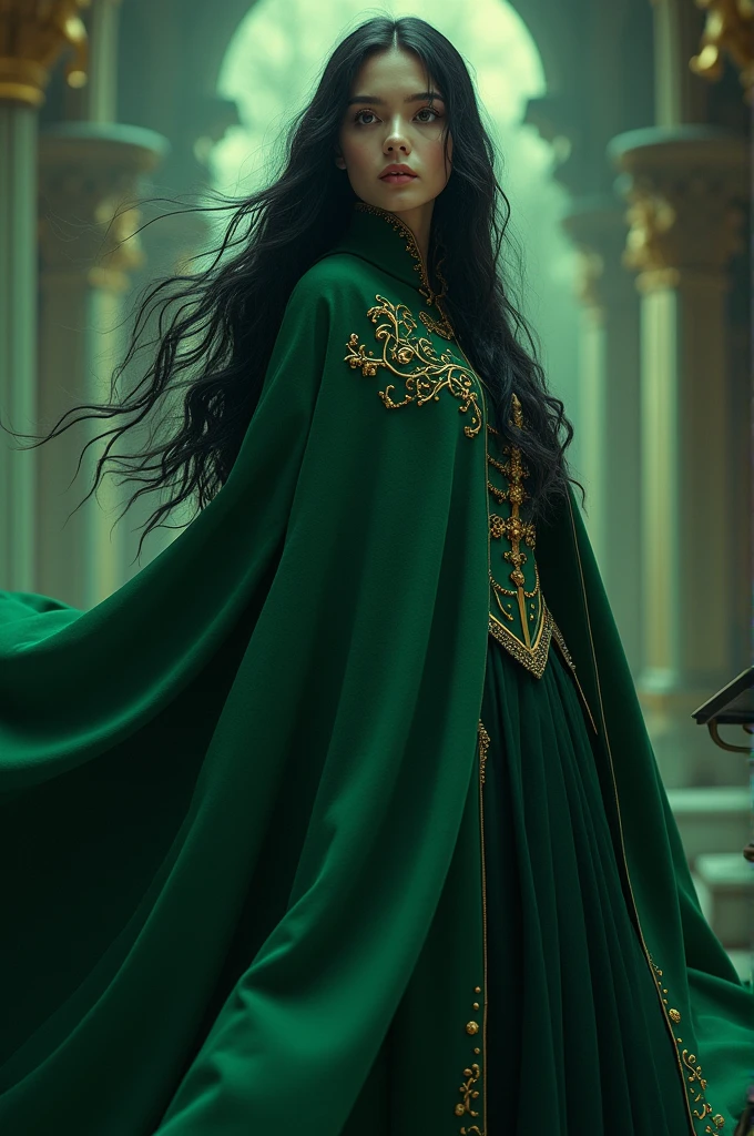 (Not sexy)woman, , long black hair, green cape, a golden pins in ger cape