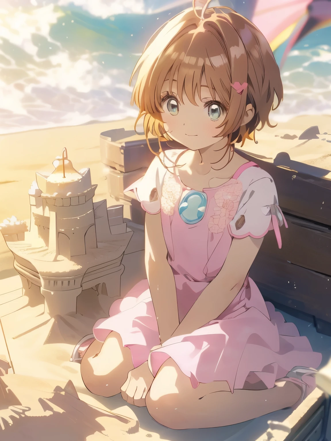 solo, (Pokémon Sakura), ((artwork)), ((High resolution)), ((best quality)), extremely fine and beautiful, super fine illustration, (Realistic skin), (incredibly detailed anime eyes) , detailed face, vivid and beautiful, incredibly detailed, beautiful detailed girl, warm colors, (Short hair), , beach, (small chest), (Sunny background), ((playing with a simple sandcastle)), ((pink dress)), smiling, happy