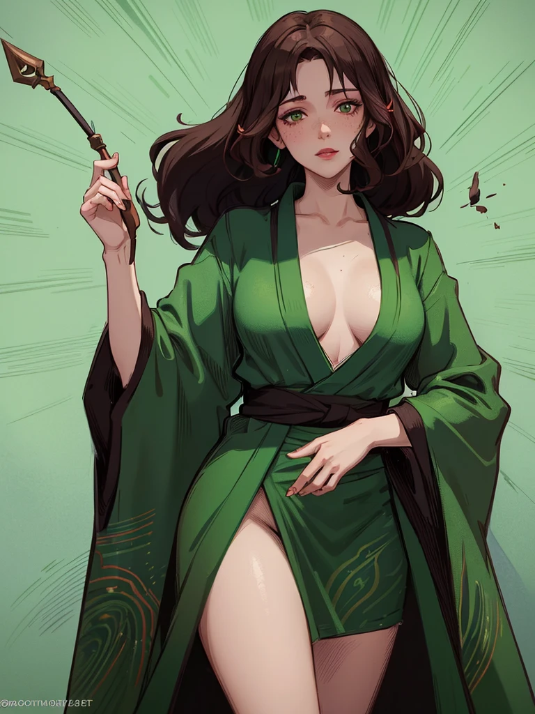 A woman with dark brown hair and bright emerald green eyes, fine and rough features, rosy cheeks and red lips, some freckles on the nose, dressed in a dark blue kimono with details such as green lines, a wand in hand