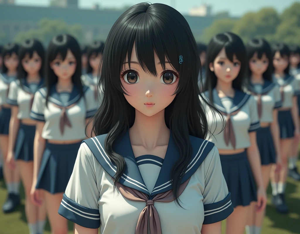 (Japanese Clone-girls=Myself), (Super Best masterpiece Clone-girls Raw Photography Art), (16K, Highest quality, Ultra-high resolution, RAW Photos), (It's so unrealistic., With unparalleled depiction, With an unfathomable sight, An unprecedented and shocking worldview, Clone-girls: In a world of mass reproduction, Ultra-realistic), (Japanese Girls, Suzuki-Rio, , Small face, Thick black hair, long hair, Dark Eyes, Mature face, Cute Smile, Smiling face, A gentle gaze, Very pleasant look), (Very beautiful detailed girls, Accurate body structure, Accurate body movements, Very detailed body, (Super big breasts, Large bulge of ample breasts)), ((Schoolgirl uniform, Short sleeve, mini skirt, Emphasise the fullness of your breasts)), (Very detailed, Myself cloning, Depiction of splitting oneself, 1Myself girl→1,000,000,000,000,000,000,000,000,000,000Myself cloning girls), (Myself clone girlsは, With the same perfect appearance without any difference, to multiply in large numbers), (Very detailed depiction, Myself's multiplying female body, In the same female body,With the same face, With the same hairstyle, In the same clothes, At the same height, 同じSuper big breastsで, A completely indistinguishable female body, 1,000,000,000,000,000,000,000,000,000,000 people), (Myself girls only), (Academy, academic level, Commemorative photo depiction, Tiered stage photography, Happy smile, Front view)