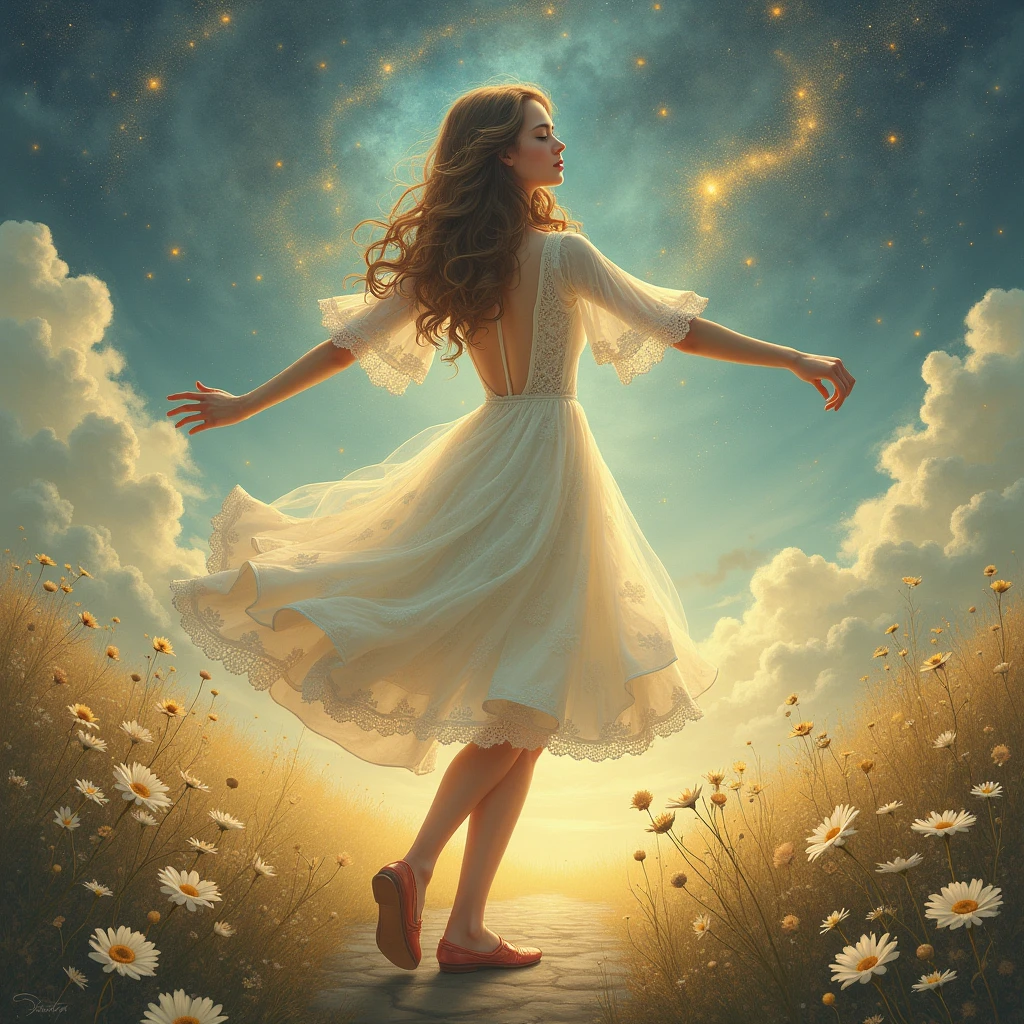 A captivating and whimsical painting that transports viewers to a serene otherwordly landscape on dominated by pastel colors and gold. The central figure is a melancholic, vintage-styled girl, wearing a lacy dress, standing amidst a dreamlike environment, and dancing. Stars in the sky, a cosmic sky surrounds the character. The romantic attire and setting evoke a sense of celebrating nature. Magical realism