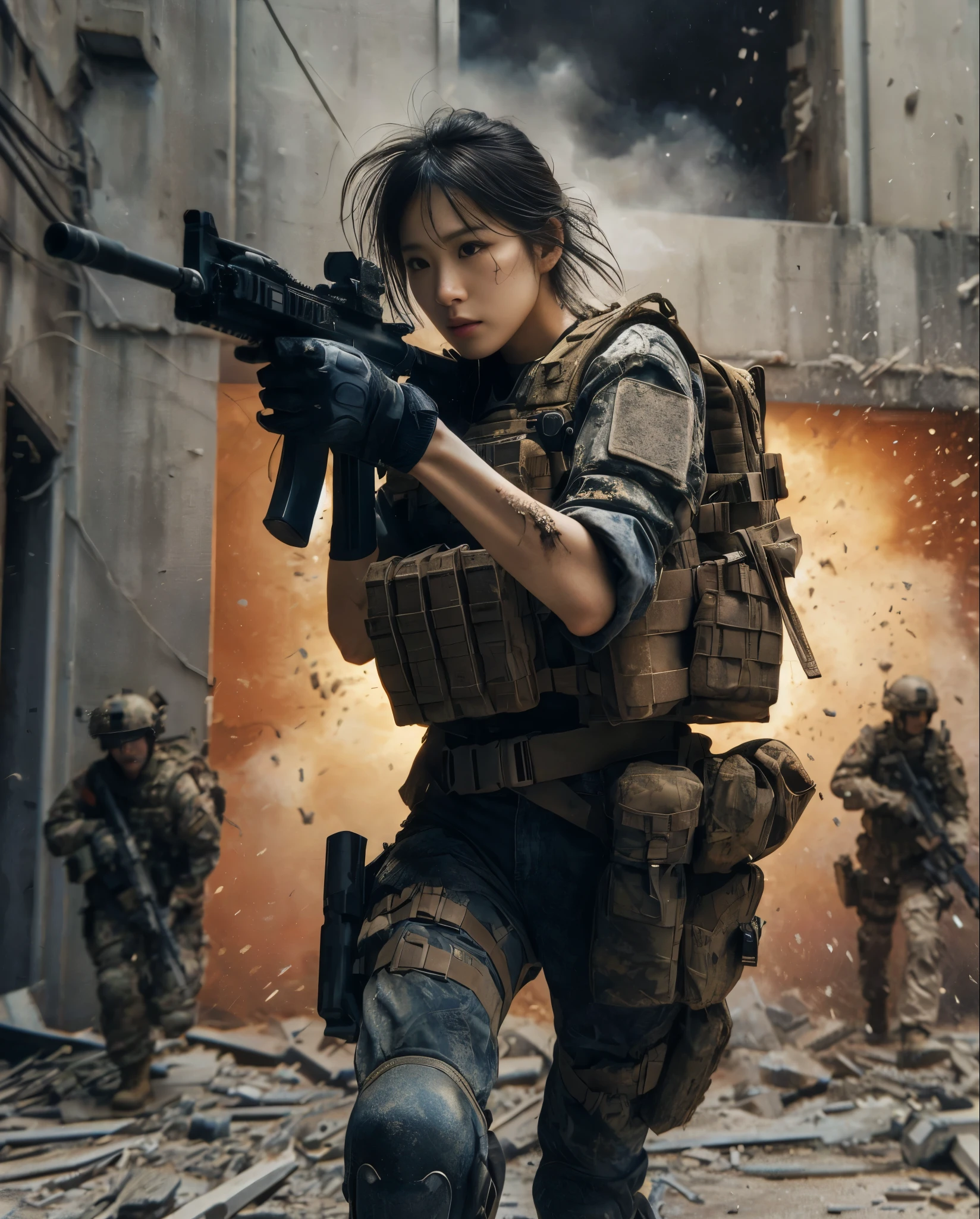 8K, realistic photo, realistic skin texture, Beautiful Japanese women in the US military、Outside the building、explosion、Close call、Walls bursting with debris、They are shouting to evacuate immediately.、Automatic rifle、Bulletproof vest、Back Back、boots、Covered in scars、Grim expression、Dynamic pose、Innovative composition、Dust is flying、傷だらけ