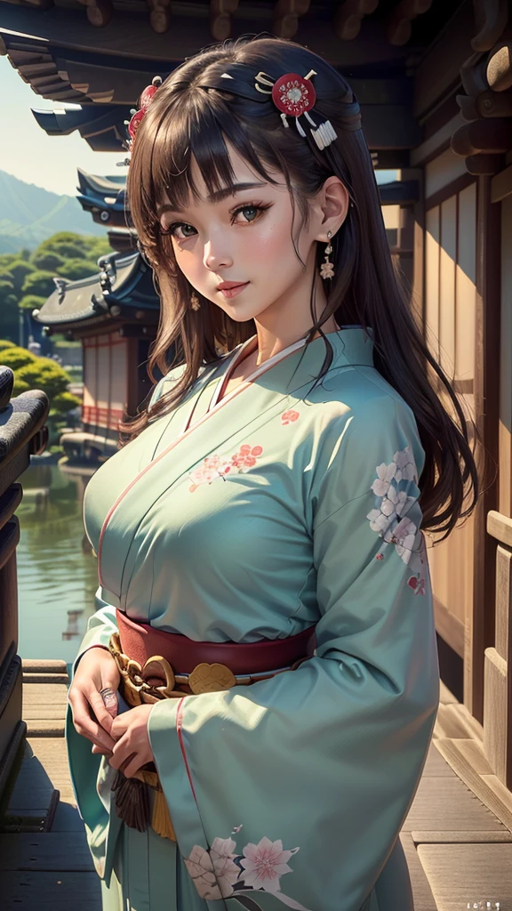 ((1girl, female, European woman, pale skin, brown hair, long hair, makeup, pierced ears, jewelry, green kimono, kimon:1.2)),(masterpiece), (((highest quality))), ((Super detailed)), ((Ultra-fine illustrations)), ((Ultra-fine painting)), (16K Highest quality wallpaper:1.4), (Upper Body:1.6), High resolution, (Highly detailed and subtle illustration style:1.8), Detailed skin texture, Detailed cloth texture, green kimono, Very detailed explanation, (Tmasterpiece), (Highly detailed face:1.2), (Very detailed beautiful eyes:1.2), original, RAW Photos, Professional, Intricate details, Super Detail, Direct sunlight:1.6, (Perfect Anatomy:1.4), (Extremely elaborate hands:1.2), (Highly detailed fingers:1.2), (Very dexterous fingers:1.2), (2), Genuine, (alone:1.6), (A traditional Japanese sacred shrine maiden:1.4)), (long flowing green kimono), (Beautiful and well-shaped medium breasts:1.2), (Beautiful and shapely butt), (Clear brown eyes that shine beautifully in every detail:1.6), (Very delicate and detailed brown eyes:1.2), (Highly detailed face:1.4), (smile:1.3), (blush:1.2), (facing viewer, looking forward,) break, (Japan shrine, Colorful and divine々Beautiful traditional shrine maiden costume:1.4), (Traditional Japanese clothing:1.2) break (Highly detailed and beautiful Ise Shrine in Mie Prefecture just after noon in spring in the background:1.6), Ise Shrine:1.2, Torii gate of Ise Shrine:1.2,  The precincts of Ise Shrine:1.2, Very beautiful against the clear sky after noon.:1.2 brake 