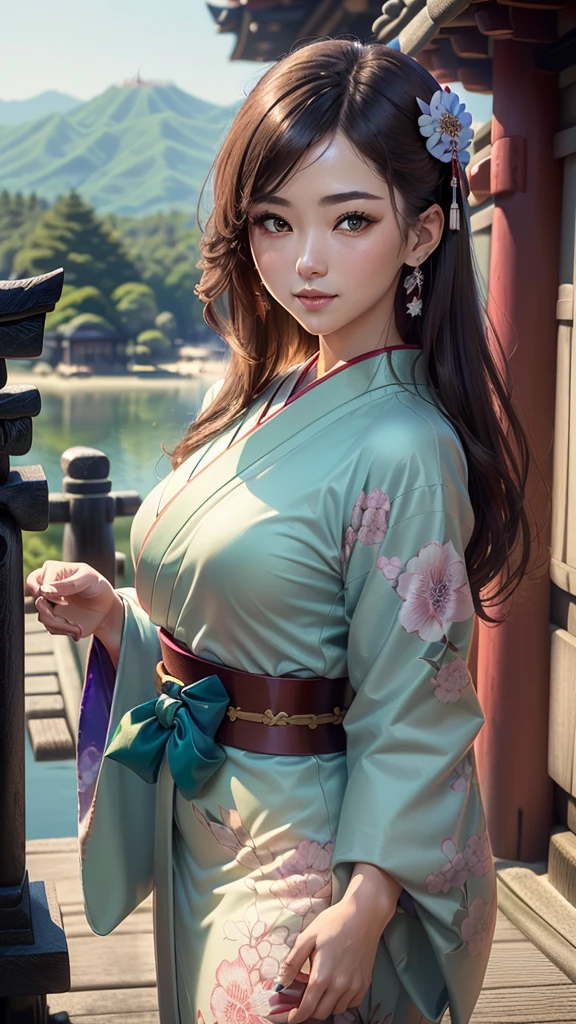 ((1girl, female, European woman, pale skin, brown hair, long hair, makeup, pierced ears, jewelry, green kimono, kimon:1.2)),(masterpiece), (((highest quality))), ((Super detailed)), ((Ultra-fine illustrations)), ((Ultra-fine painting)), (16K Highest quality wallpaper:1.4), (Upper Body:1.6), High resolution, (Highly detailed and subtle illustration style:1.8), Detailed skin texture, Detailed cloth texture, green kimono, Very detailed explanation, (Tmasterpiece), (Highly detailed face:1.2), (Very detailed beautiful eyes:1.2), original, RAW Photos, Professional, Intricate details, Super Detail, Direct sunlight:1.6, (Perfect Anatomy:1.4), (Extremely elaborate hands:1.2), (Highly detailed fingers:1.2), (Very dexterous fingers:1.2), (2), Genuine, (alone:1.6), (A traditional Japanese sacred shrine maiden:1.4)), (long flowing green kimono), (Beautiful and well-shaped medium breasts:1.2), (Beautiful and shapely butt), (Clear brown eyes that shine beautifully in every detail:1.6), (Very delicate and detailed brown eyes:1.2), (Highly detailed face:1.4), (smile:1.3), (blush:1.2), (facing viewer, looking forward,) break, (Japan shrine, Colorful and divine々Beautiful traditional shrine maiden costume:1.4), (Traditional Japanese clothing:1.2) break (Highly detailed and beautiful Ise Shrine in Mie Prefecture just after noon in spring in the background:1.6), Ise Shrine:1.2, Torii gate of Ise Shrine:1.2, The precincts of Ise Shrine:1.2, Very beautiful against the clear sky after noon.:1.2 brake