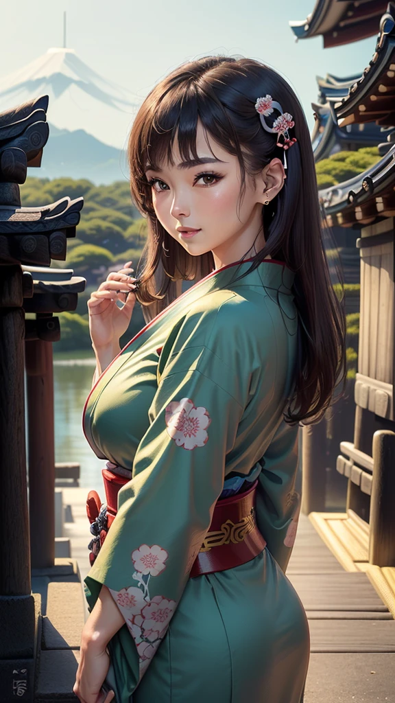 ((1girl, female, European woman, pale skin, brown hair, long hair, makeup, pierced ears, jewelry, green kimono, kimon:1.2)),(masterpiece), (((highest quality))), ((Super detailed)), ((Ultra-fine illustrations)), ((Ultra-fine painting)), (16K Highest quality wallpaper:1.4), (Upper Body:1.6), High resolution, (Highly detailed and subtle illustration style:1.8), Detailed skin texture, Detailed cloth texture, green kimono, Very detailed explanation, (Tmasterpiece), (Highly detailed face:1.2), (Very detailed beautiful eyes:1.2), original, RAW Photos, Professional, Intricate details, Super Detail, Direct sunlight:1.6, (Perfect Anatomy:1.4), (Extremely elaborate hands:1.2), (Highly detailed fingers:1.2), (Very dexterous fingers:1.2), (2), Genuine, (alone:1.6), (A traditional Japanese sacred shrine maiden:1.4)), (long flowing green kimono), (Beautiful and well-shaped medium breasts:1.2), (Beautiful and shapely butt), (Clear brown eyes that shine beautifully in every detail:1.6), (Very delicate and detailed brown eyes:1.2), (Highly detailed face:1.4), (smile:1.3), (blush:1.2), (facing viewer, looking forward,) break, (Japan shrine, Colorful and divine々Beautiful traditional shrine maiden costume:1.4), (Traditional Japanese clothing:1.2) break (Highly detailed and beautiful Ise Shrine in Mie Prefecture just after noon in spring in the background:1.6), Ise Shrine:1.2, Torii gate of Ise Shrine:1.2,  The precincts of Ise Shrine:1.2, Very beautiful against the clear sky after noon.:1.2 brake 