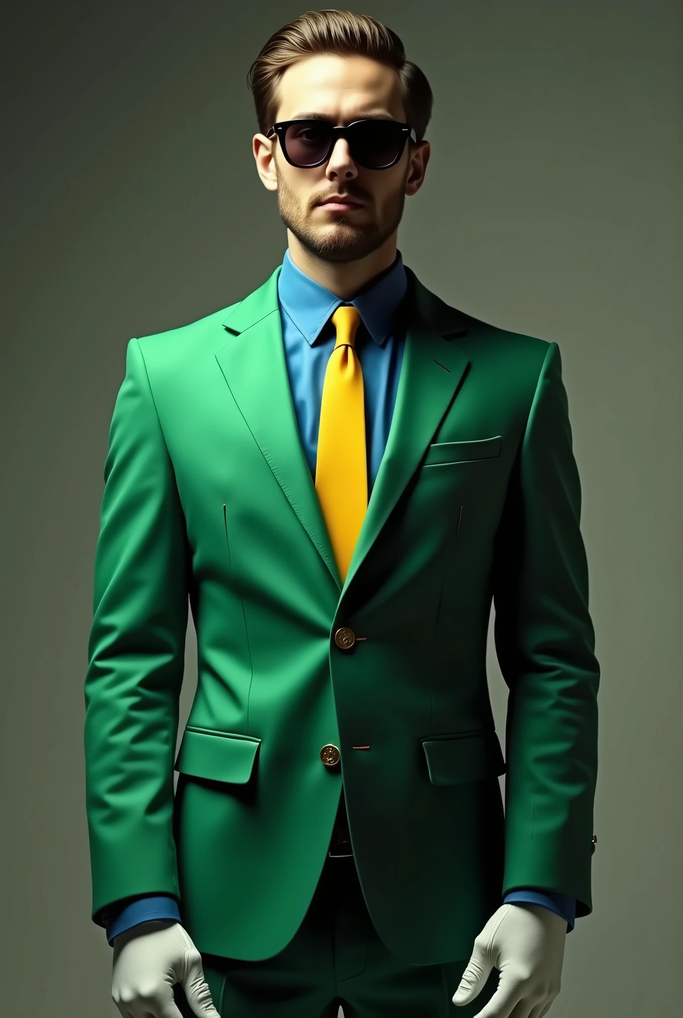 An invisible man, wearing a green suit, yellow tie and blue undershirt, with white gloves, as if she were looking at a camera pointing at her, wearing dark glasses