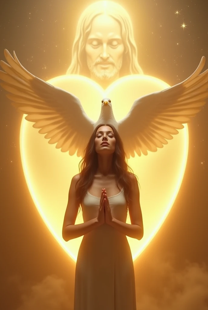 in side a big golden transparent  heart  20 year  girl praying and  big white dove ,wings open stays flaying above head, looks like inside heart,like inside awomb,jesus  compassionate face from background 