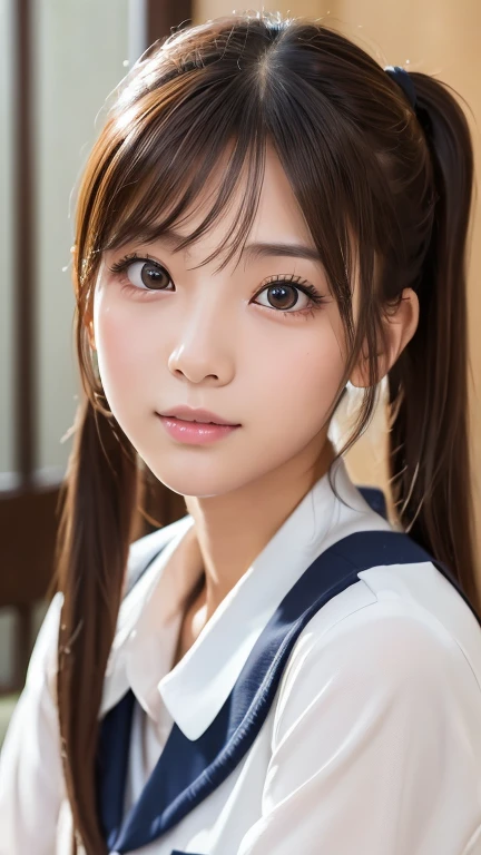 (8k, Photorealistic, RAW Photos, Best image quality: 1.4), Japanese girl、Twin tails、Super detailed face、Eye on the details、double eyelid、Sharp focus:1.2、Beautiful woman:1.4、Light brown hair、Highest quality、masterpiece、Ultra-high resolution、(Photorealistic:1.4)、Highly detailed and professionally lit smiles、school uniform、Shoulder out、thin、