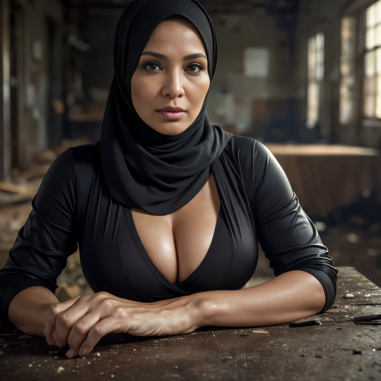 128K HDR, hight resolution, (masterpiece, Best Quality, hyper realistic photography), ((1girl in)), (Super sexy MILF:1.2, realistic Mature face:1.2, Age 53-Years-Old), Woman with mix American-Indonesian Descent, ((Hijab)), slim body, Cool Beauty Face, (Detailed Mature Face, Detailed Five Fingers), (ultra gigantic cleavages:1.35 breast  Out Of Clothes :1.5 , realistic police officer uniform:1.5, Unbuttoned:1.15, gun belt), hyper detailed mature face, ultra detailed mature skin texture, (In a realistic abandoned buildings:1.3, Dark atmosphere:1.25), ((being tied up at Table)), after Being Rape Scene.