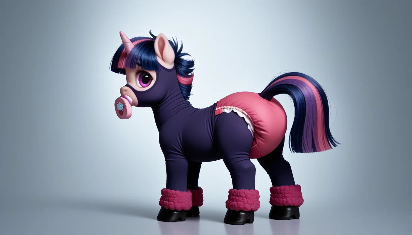 pony, Unicorn, purple wool, dark blue mane with purple streak and pink streak, the tail is dark blue with a purple strand and a pink strand, purple eyes, adult filly, stands on four hooves, rear hooves spread wide apart, dressed in a bodysuit and booties, baby pacifier in mouth, solo, thick diaper under clothes. 