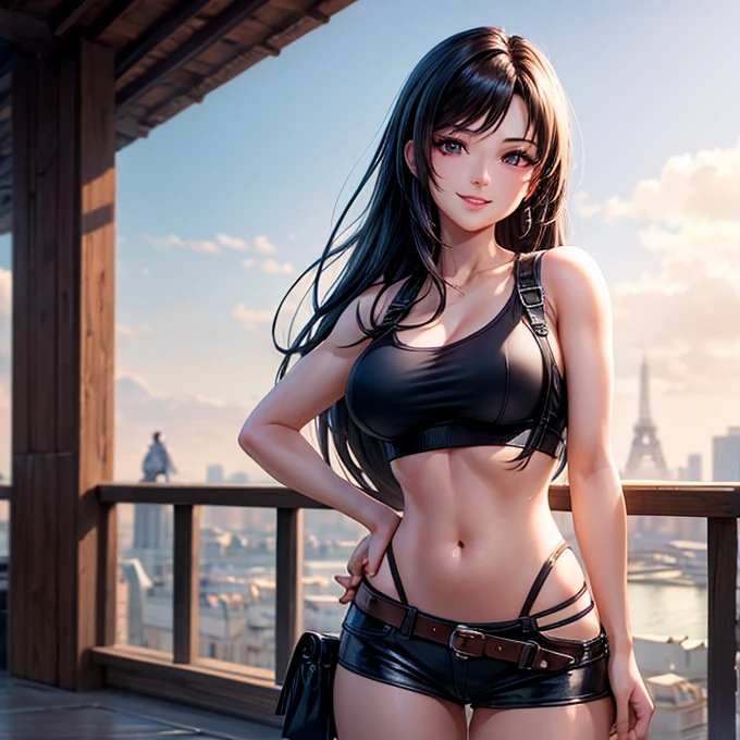 masterpiece, Superior Quality, Very detailed, 8k rendering by CG Unity, A woman looking straight at the observer, Summer Courses, Seductive and happy look, The center of Paris, smile, Long black hair and cowboy style. Tifa Lockhart