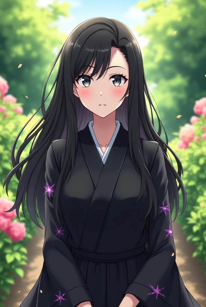 A photograph of the new Demon Slayer character: Lilith Tsumuko. The girl is mature, very beautiful and has long black hair and gray eyes. She wears the organization's black uniform with a white collar that highlights the curves of her body. The girl is wearing a black kimono with some shiny dark purple stars. Lilith is an outgoing person who poses for photos in the Hasiras' garden during the day. Anime trait: Demon Slayer.