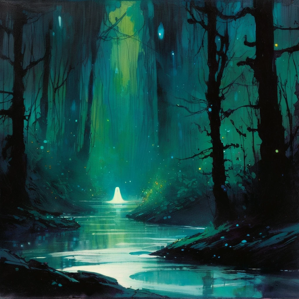 ghost, dark fores, river (art inspired in Skottie Young and Bill Sienkiewicz). oil painting)