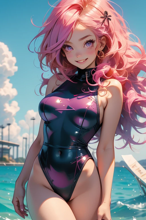 Perfect face. Perfect hands. A pink haired woman with violet eyes and an hourglass figure in a cute one-piece swimsuit is smiling in the waves