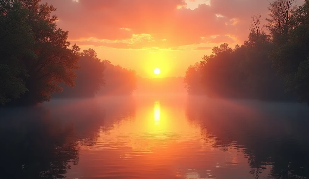 (RAW style, masterpiece, best quality, ultra-detailed), Sunrise over the tranquil river, volumetric lights casting a golden glow on the water surface, serene scenery, misty atmosphere, dawn breaking, clear reflection, cinematic light, sunbeams filtering through the trees, ultra high res, (realistic water textures: 1.2), (stunning sunrise: 1.1), (vibrant color palette: 1.1), (incredible details: 1.0), (immersive: 1.1), (magnificent: 1.1), (mesmerizing: 1.1),