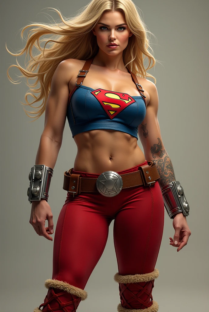 ((((Supergirl Woman of thick build with muscles in arms and legs)))),(((A beautiful woman with long blonde hair ruffled by the wind))),(((Blue corset with wide brown leather harness)))),((((Red legis)))),((((Red boots on sheepdog con borde)))),(((Sheepskin on his shoulders))),(((Tattoos on one of his arms)))),((((Giant Broad-Brimmed Sword)))),(((Red legis))),(((Red boots on sheepdog))),(((Blue corset with Supergirl emblem )))),((((Silver-colored metal bracelets oscuros)))),((((woman with a thick build, muscular arms and legs)))),((((Silver-colored metal bracelets)))