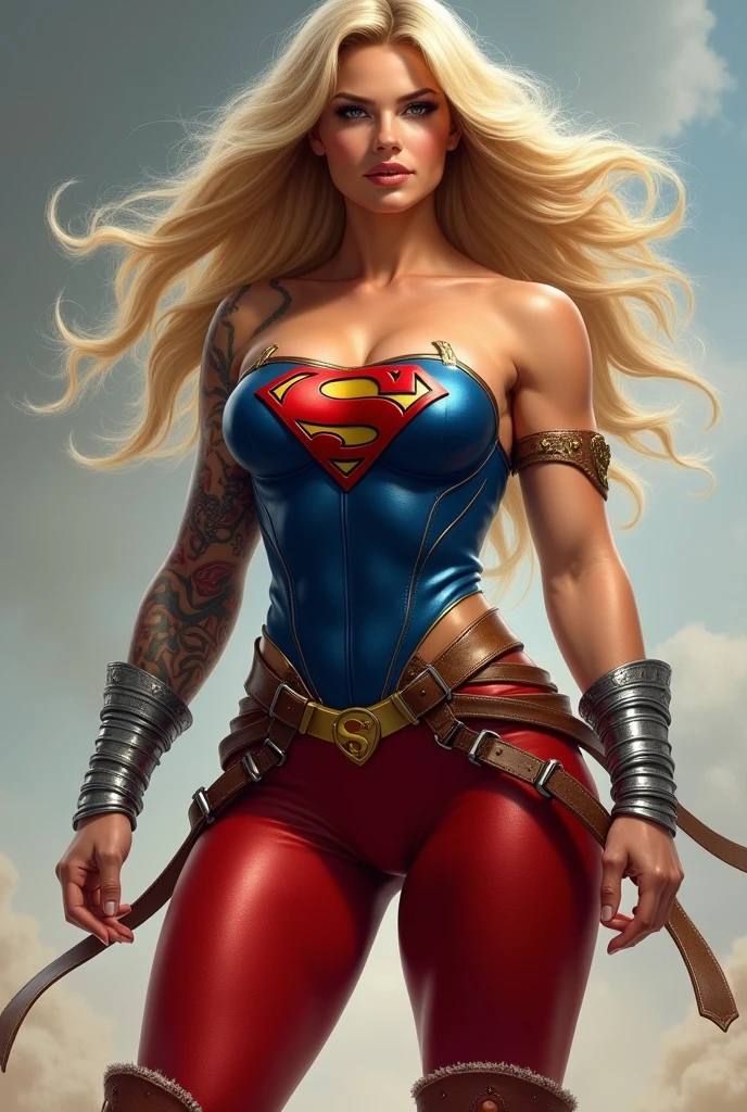 ((((Supergirl Woman of thick build with muscles in arms and legs)))),(((A beautiful woman with long blonde hair ruffled by the wind))),(((Blue corset with wide brown leather harness)))),((((Red legis)))),((((Red boots on sheepdog con borde)))),(((Sheepskin on his shoulders))),(((Tattoos on one of his arms)))),((((Giant Broad-Brimmed Sword)))),(((Red legis))),(((Red boots on sheepdog))),(((Blue corset with Supergirl emblem )))),((((Silver-colored metal bracelets oscuros)))),((((woman with a thick build, muscular arms and legs)))),((((Silver-colored metal bracelets)))