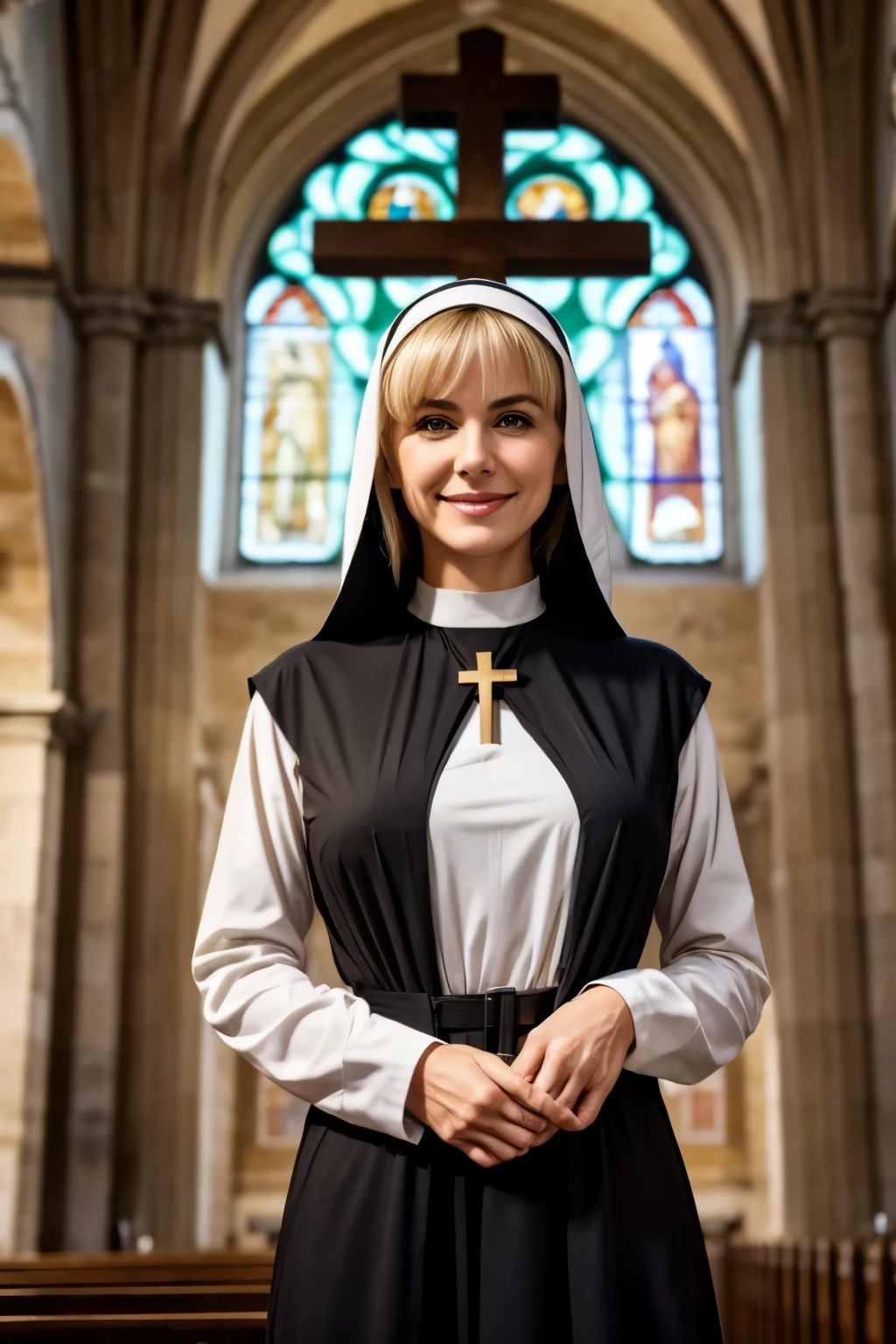 Mature beautiful italian woman、Blonde Hair、With bangs、Green Eyes、smile、Saggy breasts、Slim body、Monastic uniform、Nuns、Standing before the cross、In the church