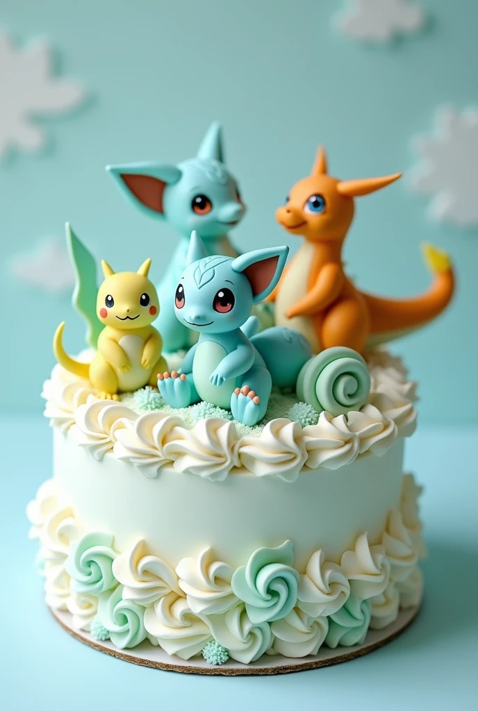 Small round cake decorated with blue chantilly tinged with light blue and green with 3 Machamp pokemenes, Nidoking, Charizard de chantilli