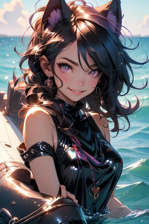 Perfect face. Perfect hands. A black haired woman with violet eyes and black fox ears and a black fox tail in a cute one-piece swimsuit is smiling in the waves
