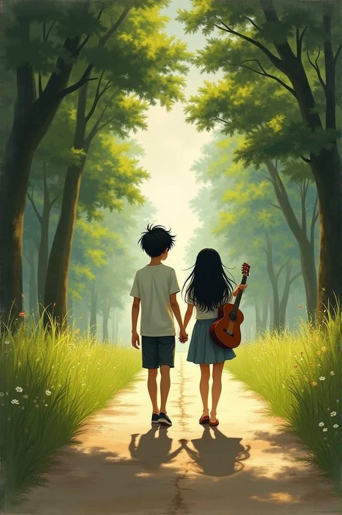 I wanted to create a painting that had a boy and a girl walking on a sunny road.. Surrounded by foot long grass and trees. Chàng trai thì tầm 18 tuổi và cô gái 16 tuổi. The boy has black hair and looks a bit naughty.. The girl has long black hair., gentle. The girl behind held a guitar and hummed a song.. And I want to paint in the style of Dalat in 2005..