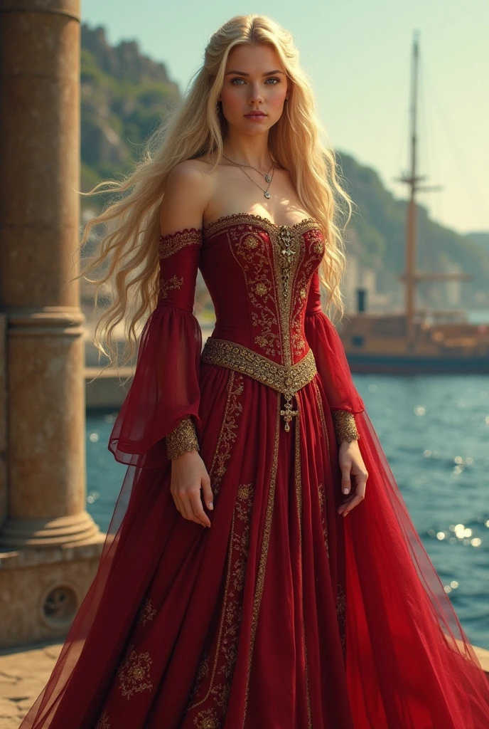make a girl, she has long blonde hair, green eyes, very pretty, she is wearing a long red dress with golden details from the medieval era.
It is in a medieval setting and in the background there is a maritime place