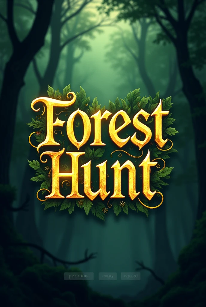 Create logo with the word Forest Hunt in a mystic & fantasy style. Font should be elegant sharp glowing golden and beautiful with enchanted vibe