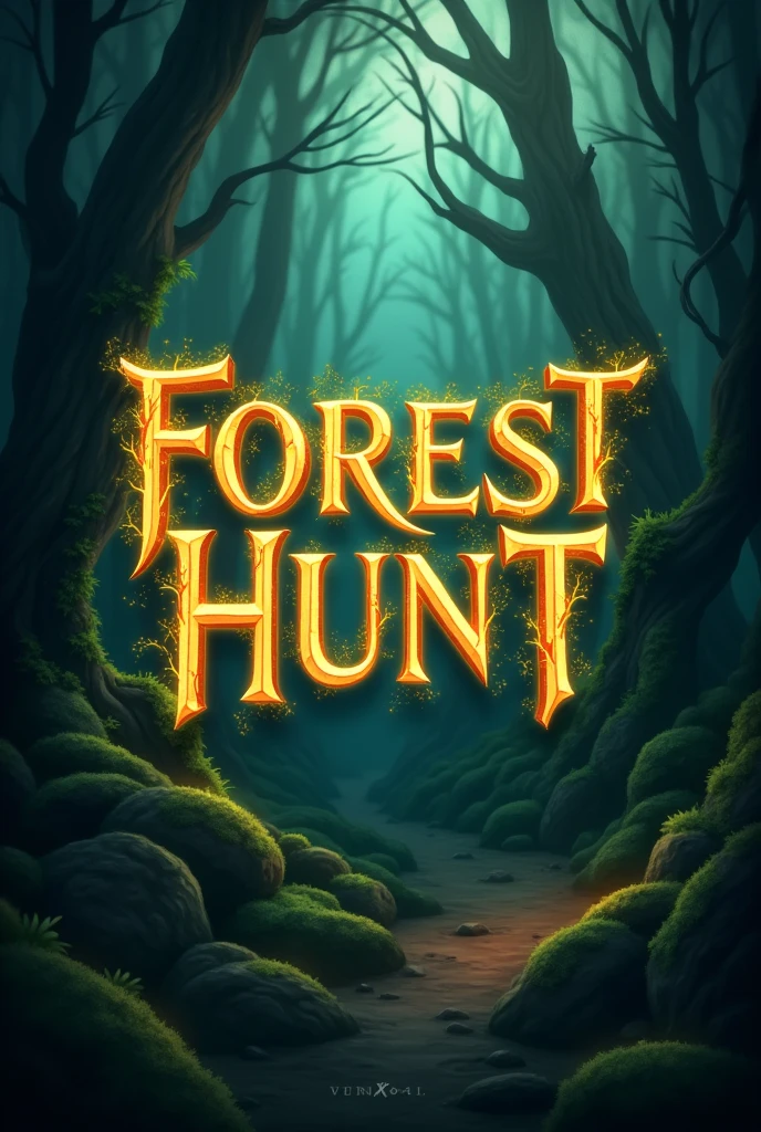 Create logo with the word Forest Hunt in a mystic & fantasy style. Font should be elegant sharp glowing golden and beautiful with enchanted vibe