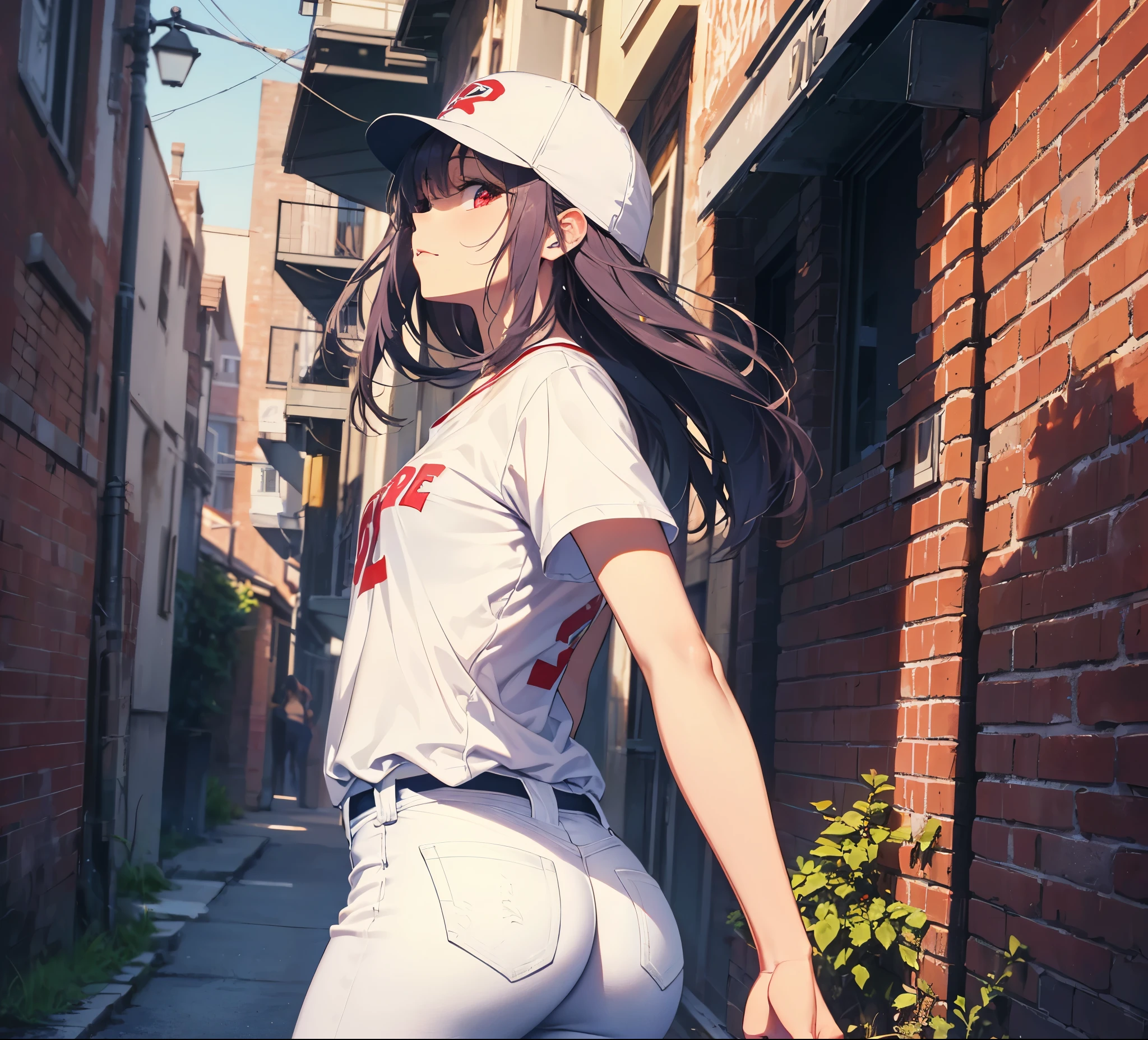 (Close-up:1.3),Realistic,Highest quality, Super detailed, High-quality CG rendering, The most delicate and beautiful, Floating softly, High resolution, (1 person), (Highest quality,4K,8k,masterpiece:1.2), Light purple hair,(Long Hair:1.5),Red eyes,(Pure white oversized short sleeve T-shirt:1.3),(Pure white skinny jeans:1.3),(Pure white baseball cap:1.3),In the city,old buildings,Narrow back alley,(front:1.3),(Are standing:1.3)
